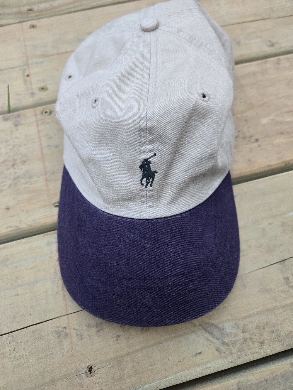 VTG 90s Polo Ralph Lauren Two-Tone Baseball Cap — Beige and Navy, Green Pony